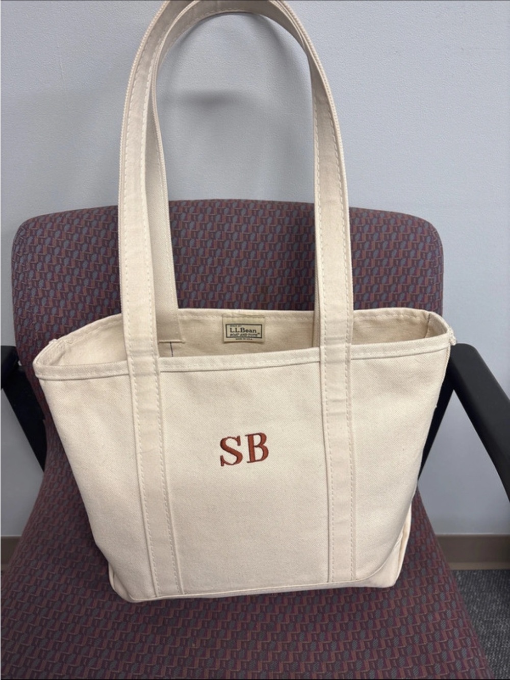 L.L. Bean Cream Canvas Tote with Red Monogram